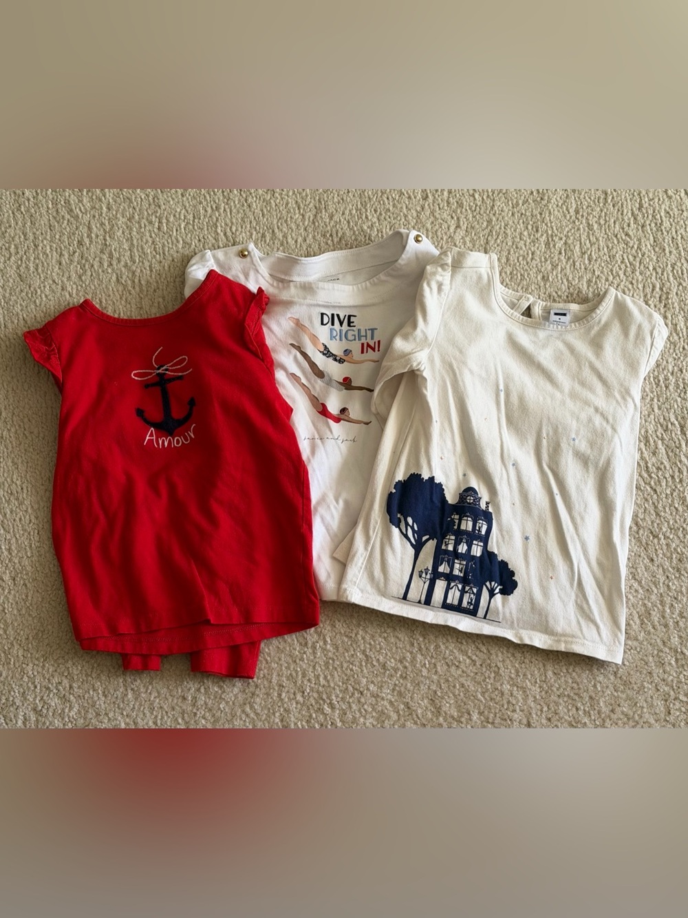 Janie and Jack Lot of 3 Girls Tops 2 White Graphic Tee’s and 1 Red Anchor Tee